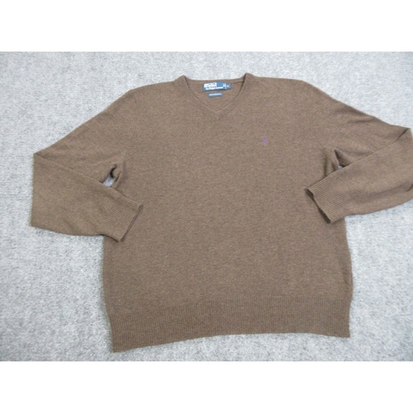 VINTAGE Polo Ralph Lauren Sweater Mens Large Brown Lambswool Italian Yarn V Neck